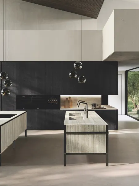 Cucina Design in bilaminato Rovere Black con doppia isola Lab Gres di Binova