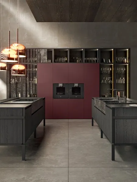 Cucina Design con doppia isola in legno finitura Rovere Vesuvio, top in gres e piedi in metallo Regula di Binova