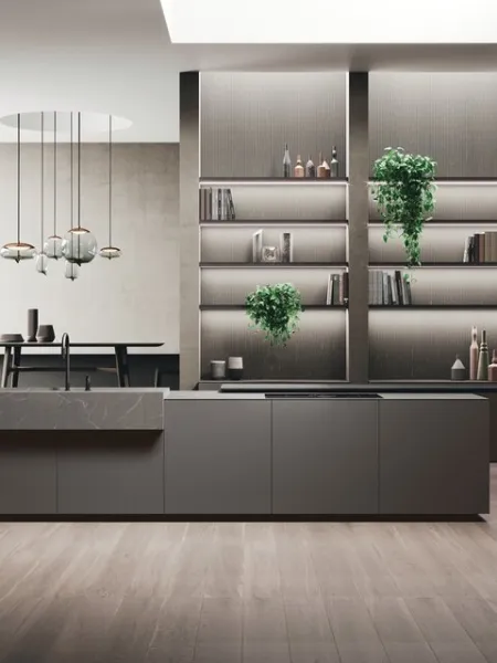 Cucina Design con isola Vogue Legno in laccato opaco, gres e rovere di Binova