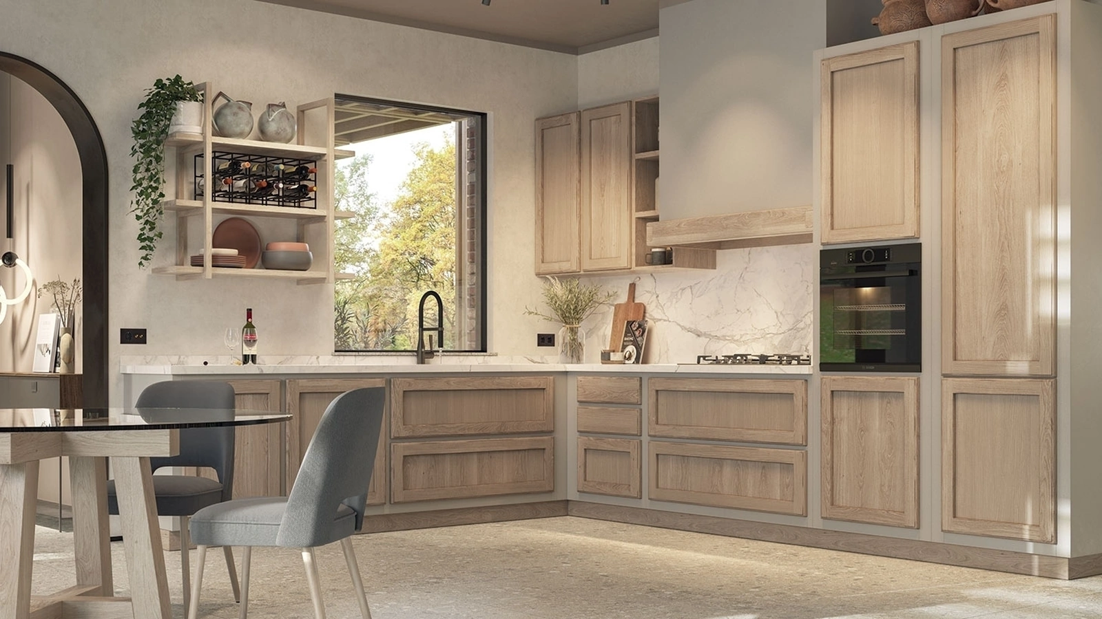 Cucina in Muratura Giorgina Legno Natural in castagno con struttura effetto muro frattonato grigio cemento di Zappalorto