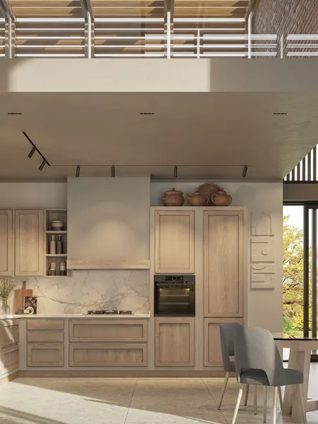 Cucina in Muratura Giorgina Legno Natural in castagno con struttura effetto muro frattonato grigio cemento di Zappalorto