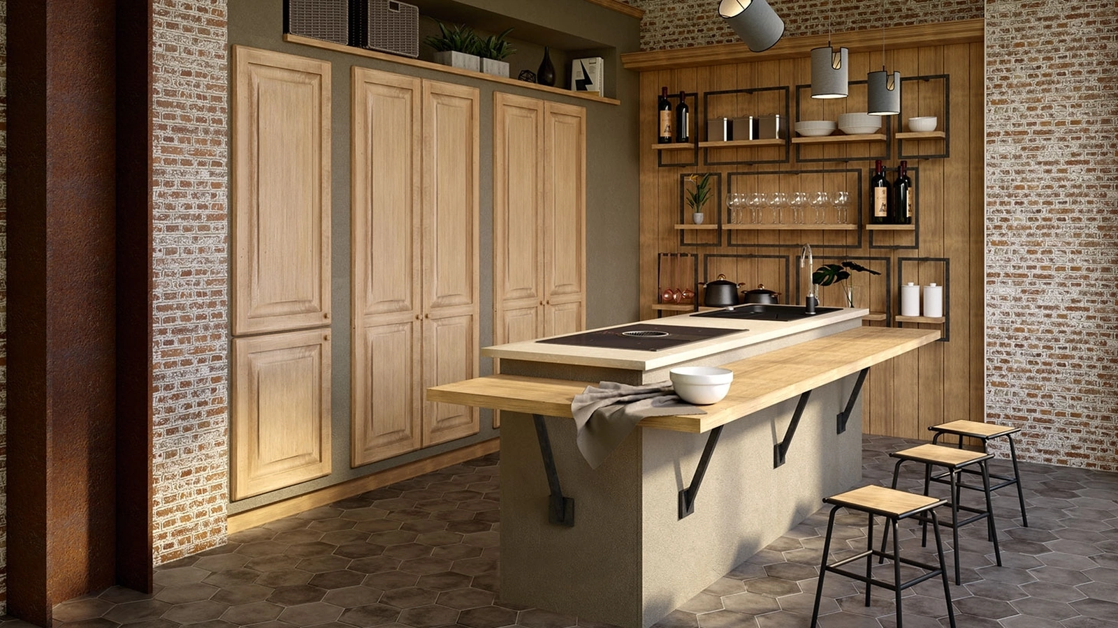 Cucina in Muratura e legno con isola Paolina Amaretto di Zappalorto