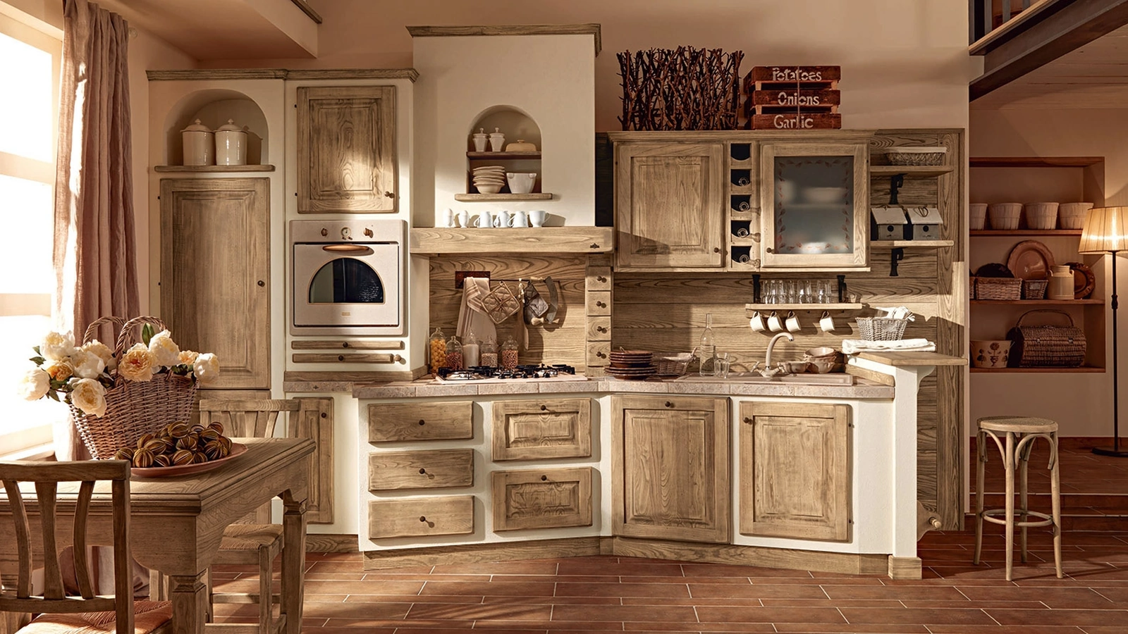 Cucina lineare in Muratura e legno effetto rustico Paolina Gianduia di Zappalorto