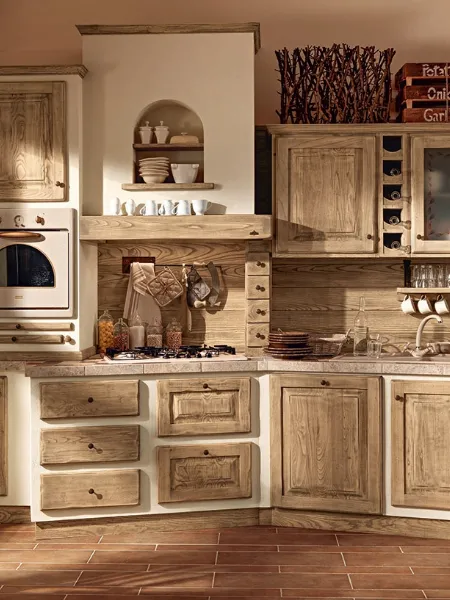 Cucina lineare in Muratura e legno effetto rustico Paolina Gianduia di Zappalorto