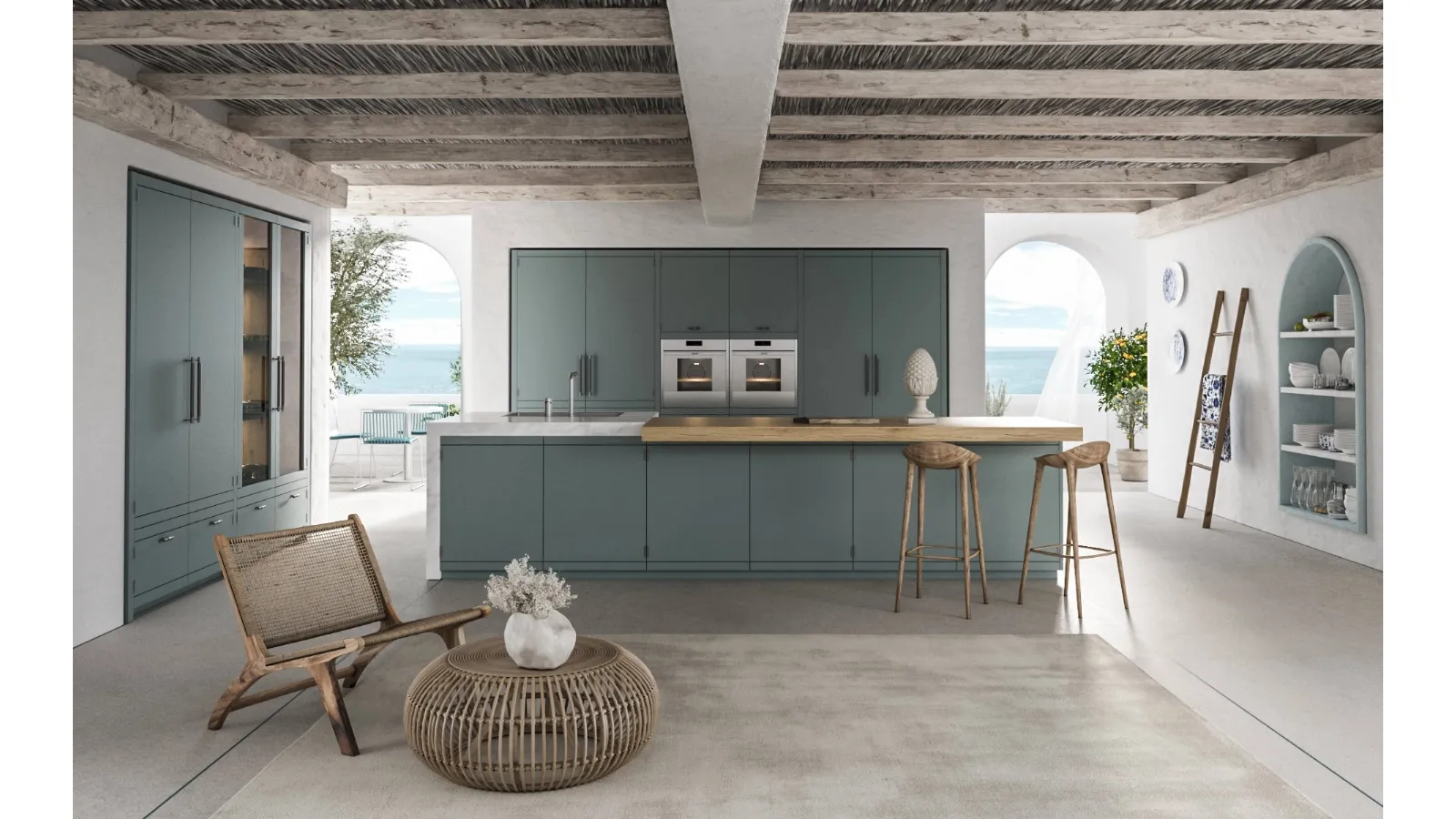 Cucina Moderna con isola Anuba in laccato Paxos Grey di Miton