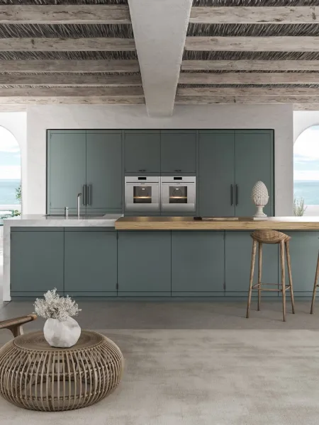 Cucina Moderna con isola Anuba in laccato Paxos Grey di Miton