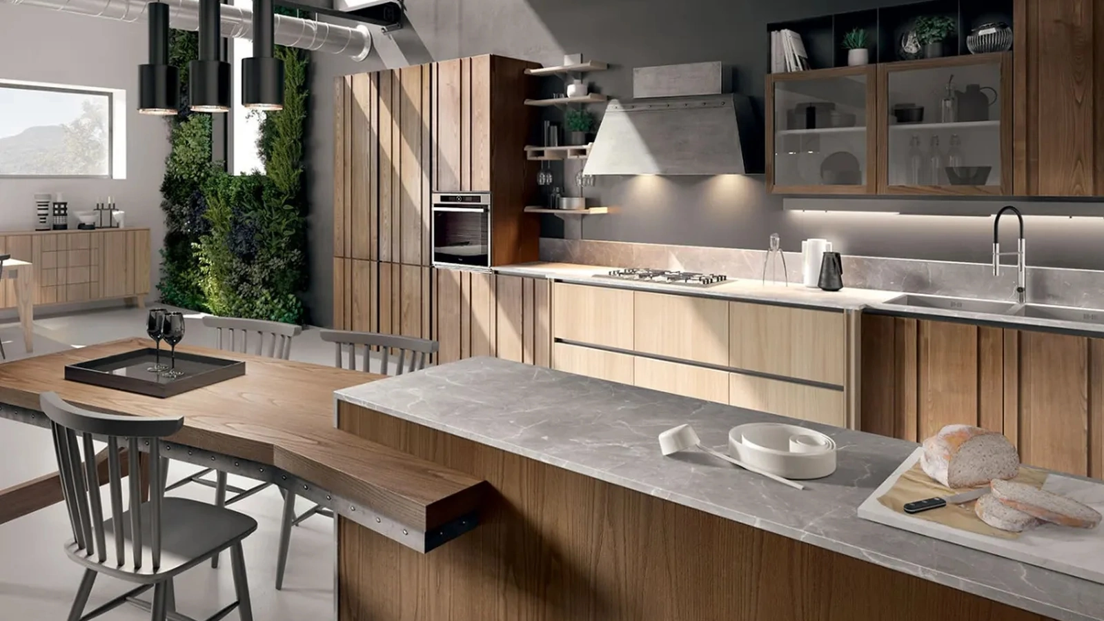 Cucina Moderna in legno con isola e tavolo Bistrò di Zappalorto