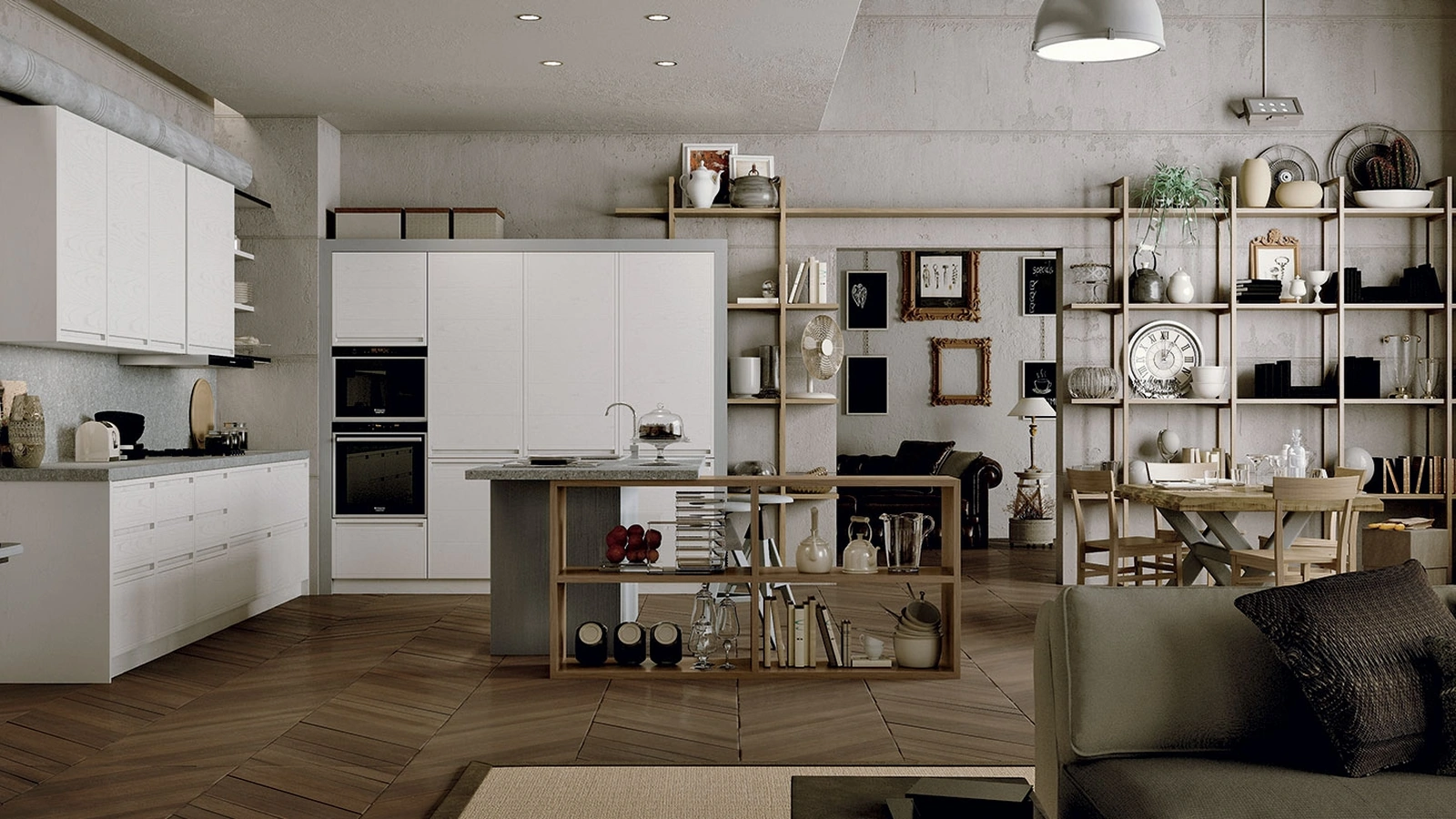 Cucina Moderna in legno con top in pietra con isola Designa Bianca di Zappalorto