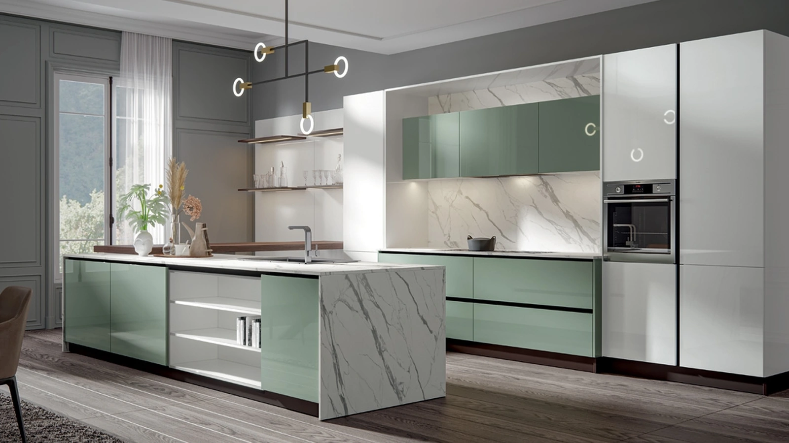 Cucina Moderna Era con penisola in PVC laccato lucido Salvia e Candido Home Cucine