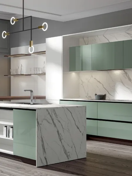 Cucina Moderna Era con penisola in PVC laccato lucido Salvia e Candido Home Cucine