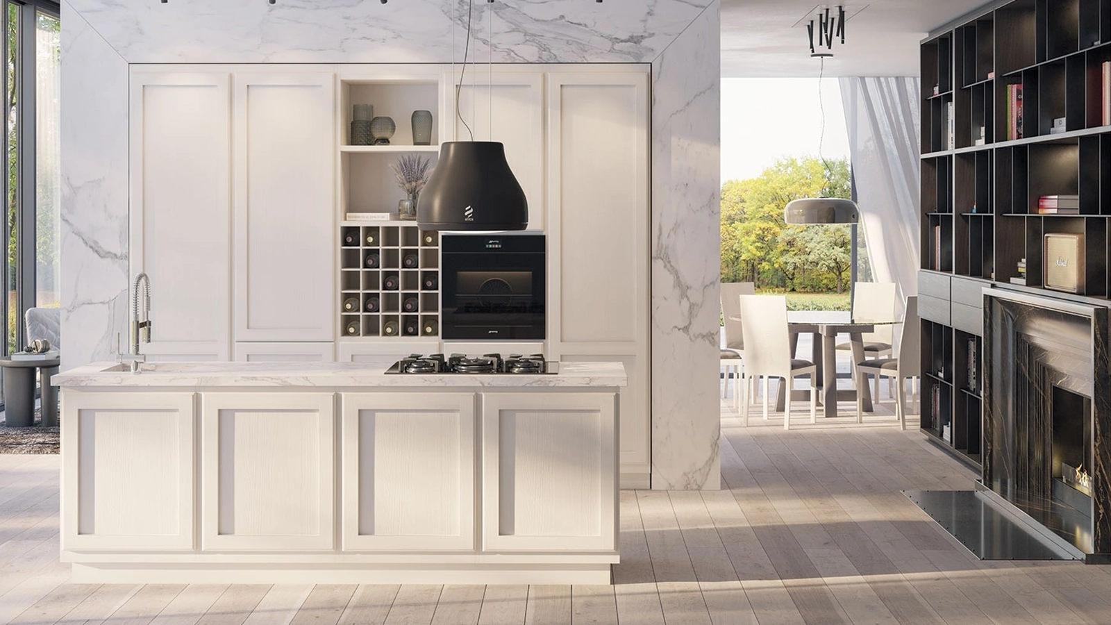 Cucina Moderna con isola Giorgina Laccata Bianca in castagno con top in Laminam bianco statuario venato di Zappalorto