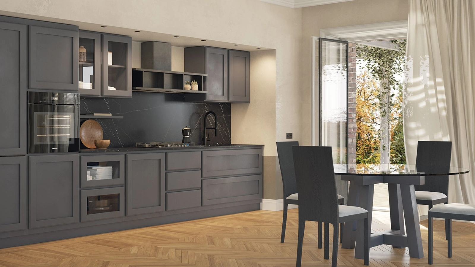 Cucina Moderna lineare Giorgina Laccata Piombo in legno di castagno e top in Dekton di Zappalorto