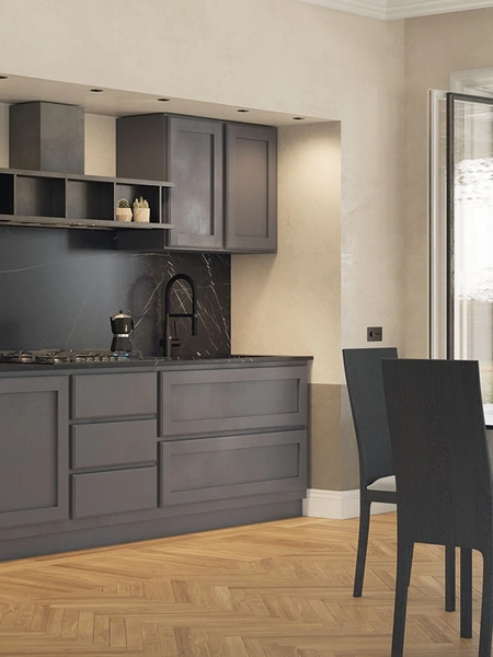 Cucina Moderna lineare Giorgina Laccata Piombo in legno di castagno e top in Dekton di Zappalorto