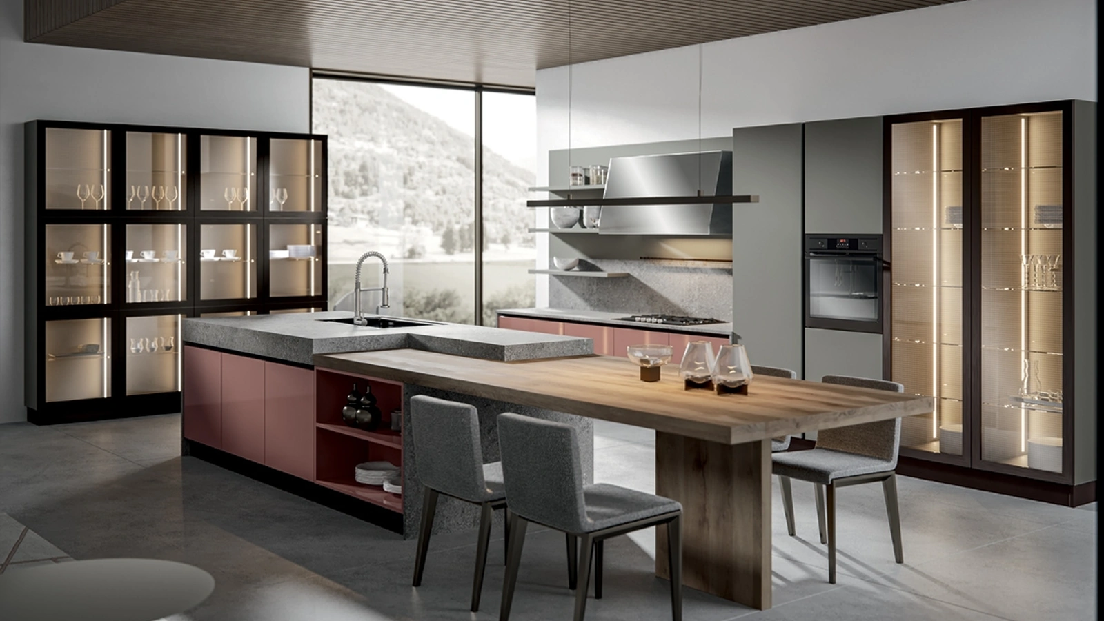 Cucina Moderna Klee in laccato Rosa con isola di Home Cucine