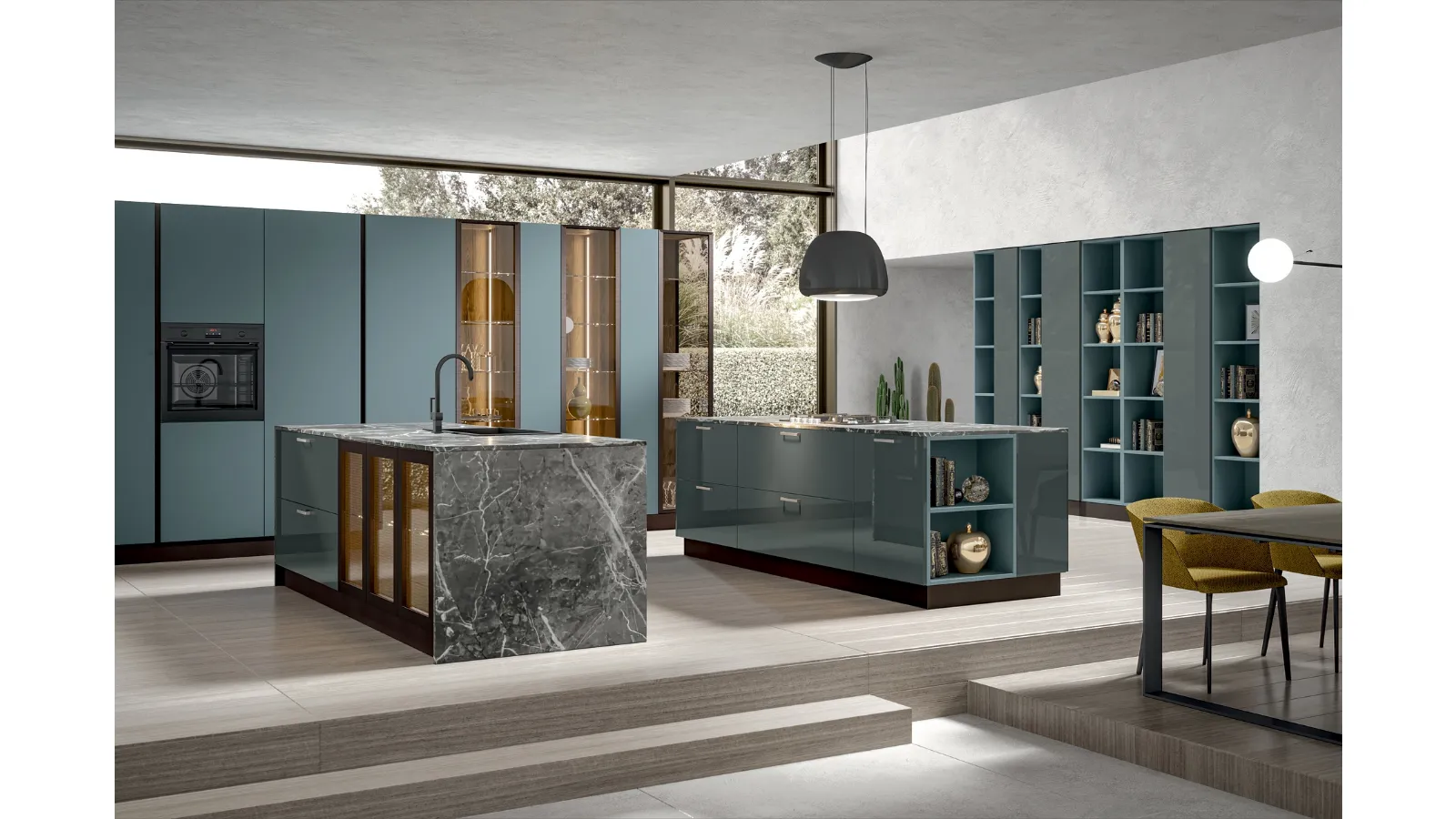 Cucina Moderna in laccato opaco Klee con doppia isola in laccato lucido di Home Cucine