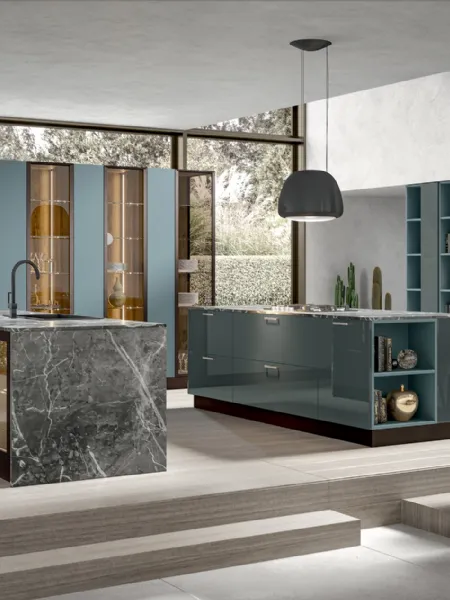 Cucina Moderna in laccato opaco Klee con doppia isola in laccato lucido di Home Cucine