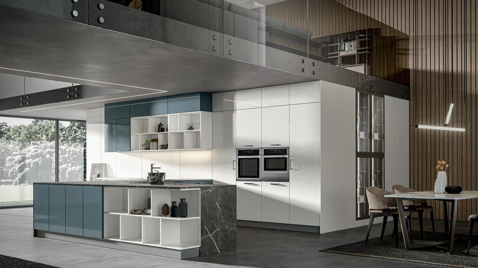 Cucina Moderna Klee con penisola Navy e Seta di Home Cucine