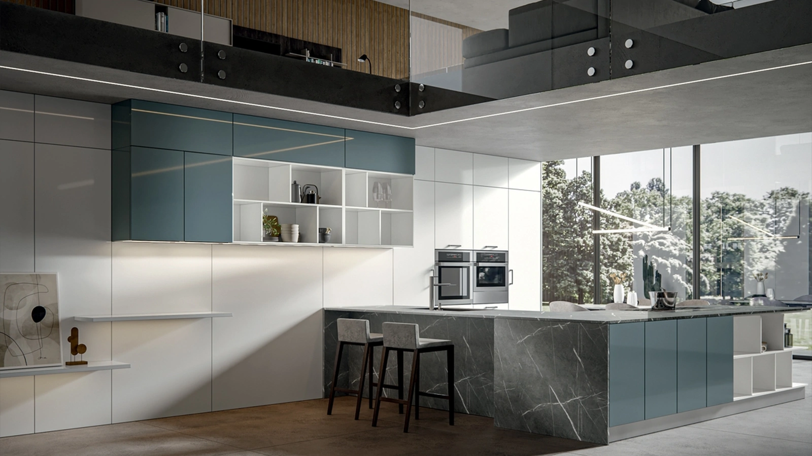 Cucina Moderna Klee con penisola Navy e Seta di Home Cucine