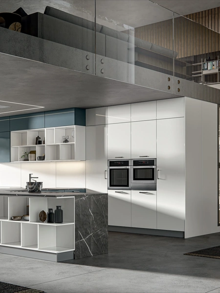 Cucina Moderna Klee con penisola Navy e Seta di Home Cucine