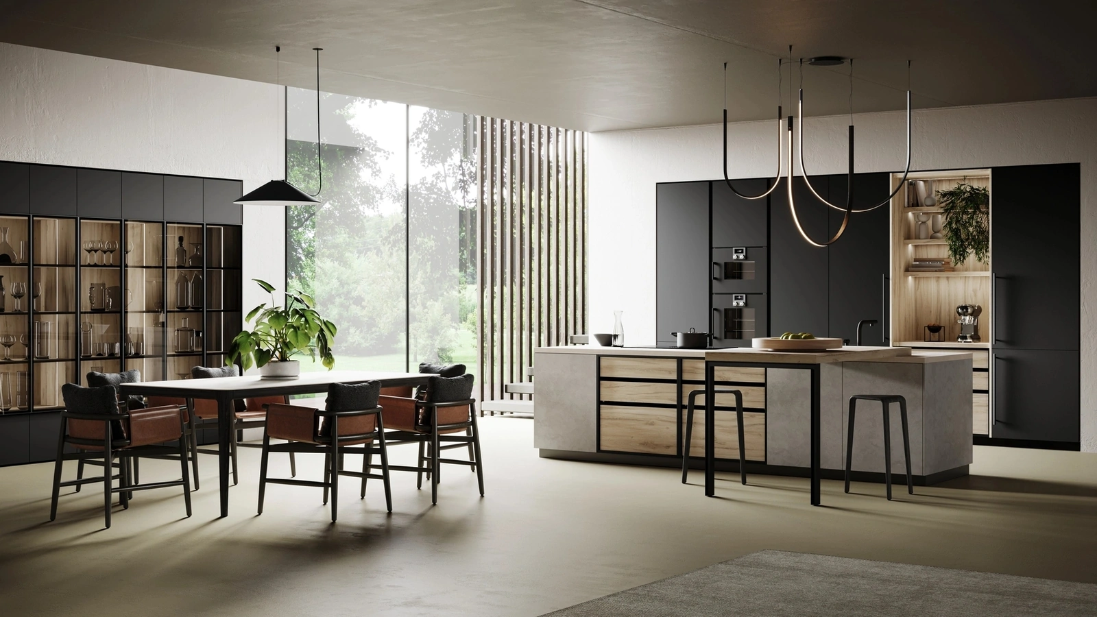 Cucina Moderna con isola Ménta in bilaminato Beton Giove, laminato PET Nero Onice e bilaminato Rovere di Miton