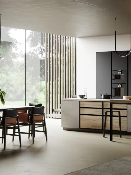 Cucina Moderna con isola Ménta in bilaminato Beton Giove, laminato PET Nero Onice e bilaminato Rovere di Miton