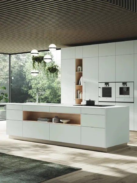 Cucina Moderna con isola Ménta in laminato PET opaco Bianco Nordico di Miton