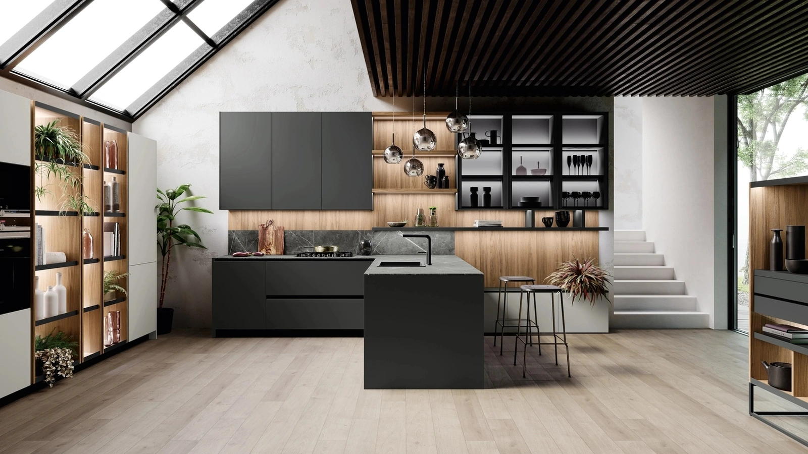 Cucina Moderna con penisola Ménta in bilaminato Grigio Medio di Miton