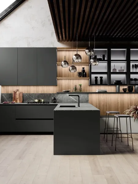Cucina Moderna con penisola Ménta in bilaminato Grigio Medio di Miton