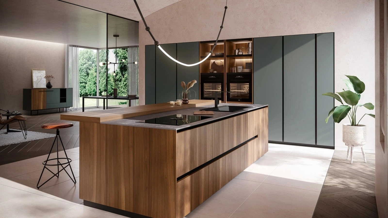 Cucina Moderna con isola Ménta in bilaminato Legno Noce Cordesco di Miton