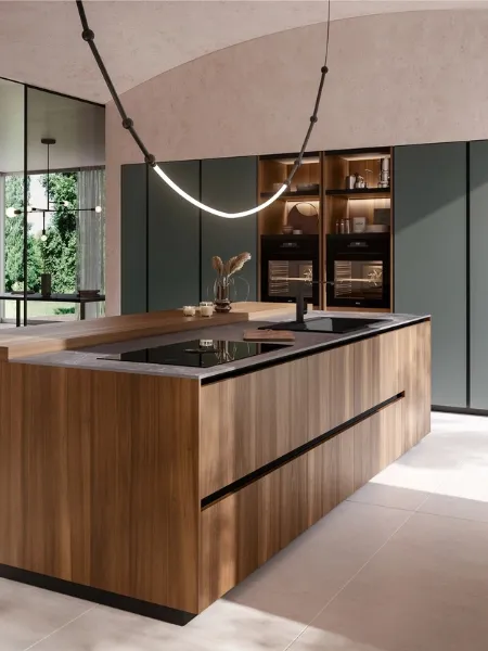 Cucina Moderna con isola Ménta in bilaminato Legno Noce Cordesco di Miton