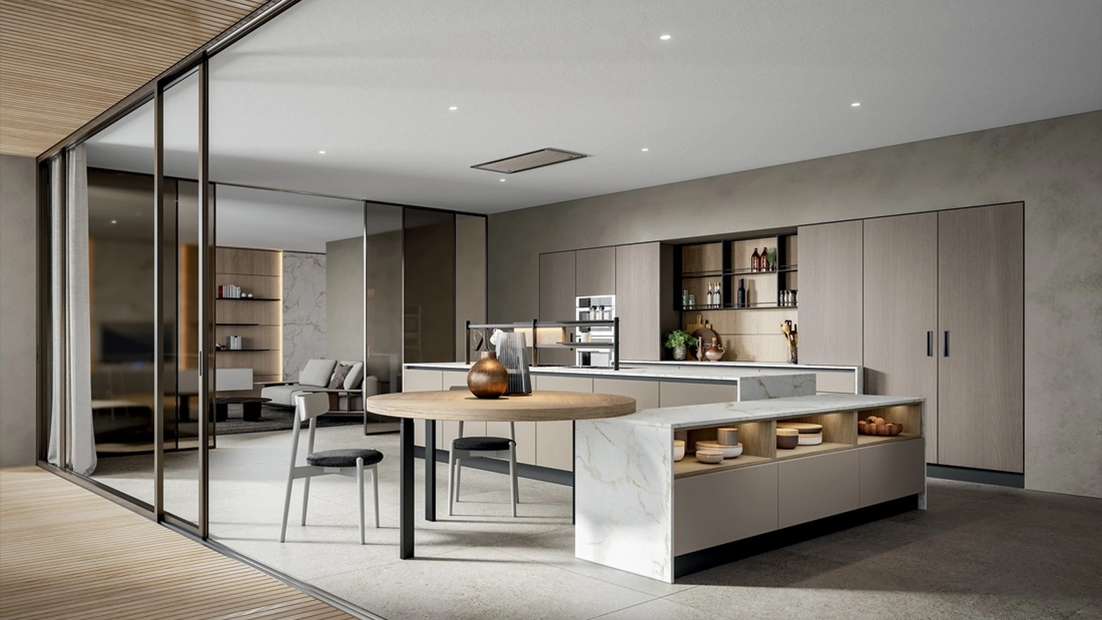 Cucina Moderna Mela con isola in melaminico con top Pandora Calacatta di Home Cucine