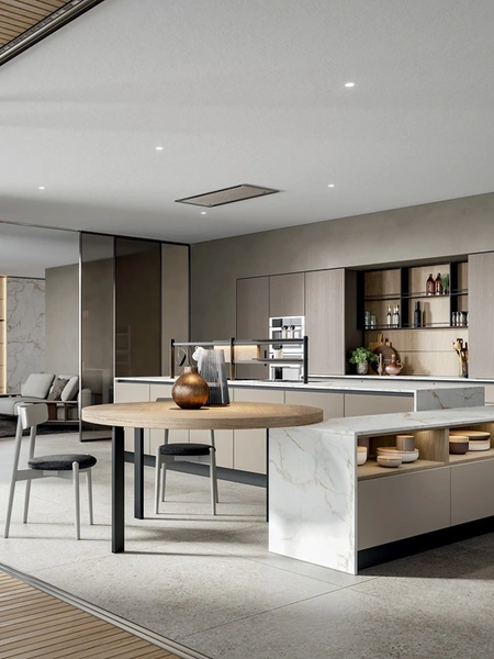 Cucina Moderna Mela con isola in melaminico con top Pandora Calacatta di Home Cucine