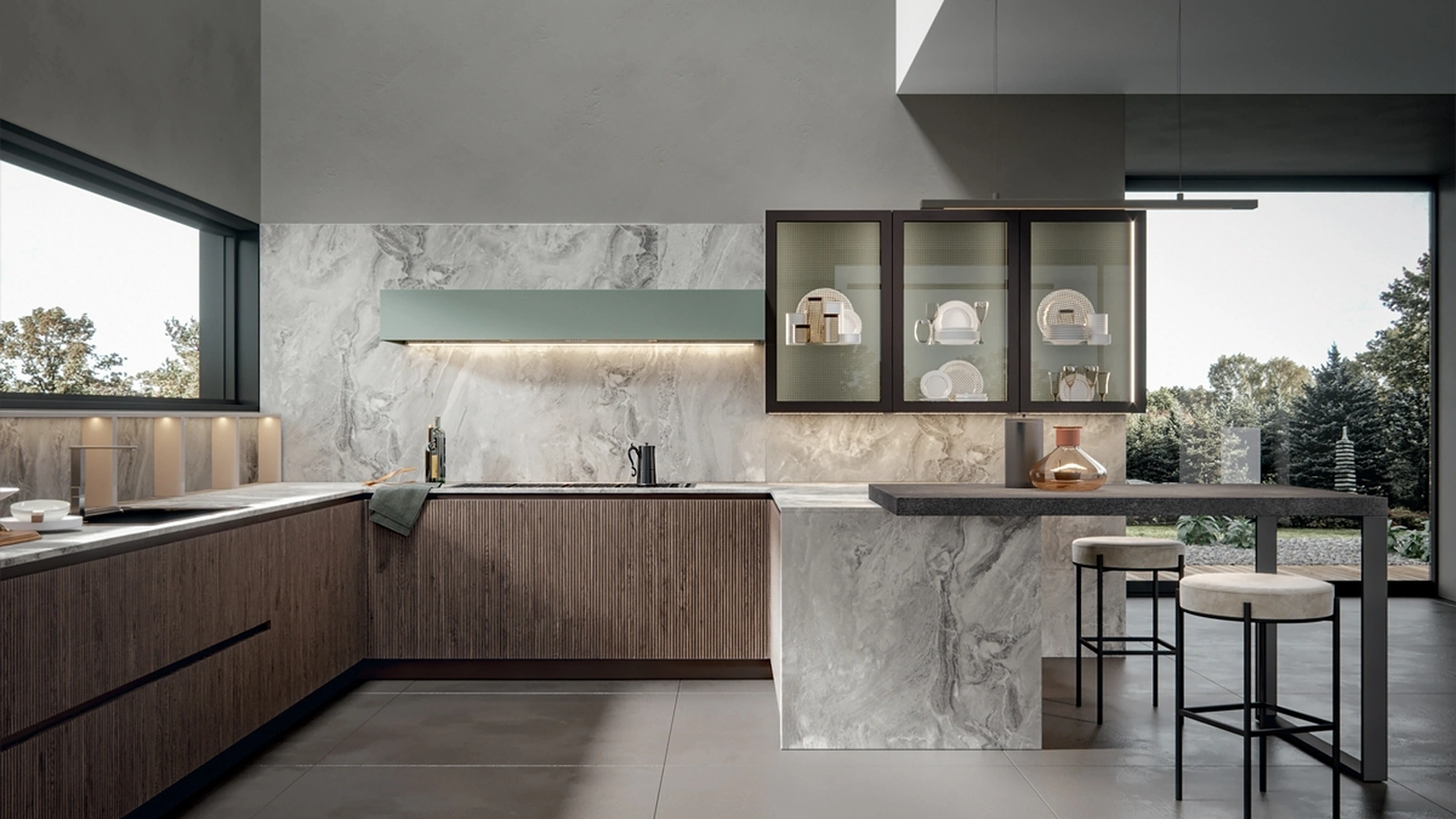 Cucina Moderna Palù con penisola in PVC cannettato di Home Cucine