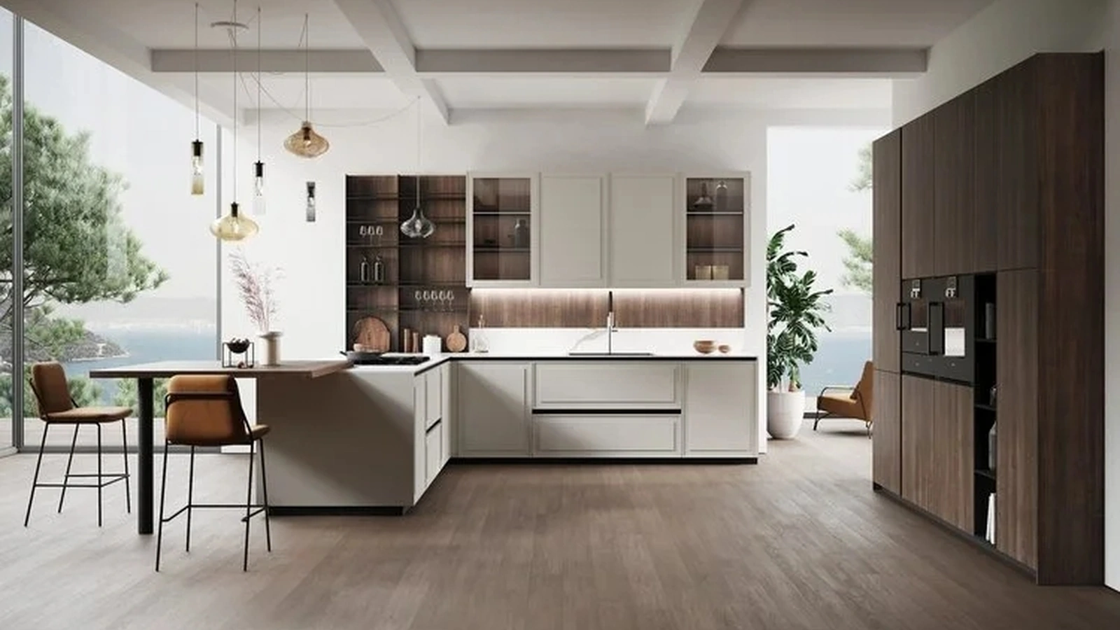 Cucina Moderna con penisola Tes in laccato Grigio Box e bilaminato legno di Miton
