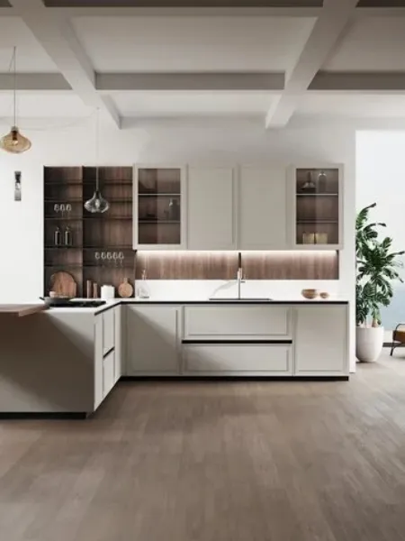 Cucina Moderna con penisola Tes in laccato Grigio Box e bilaminato legno di Miton