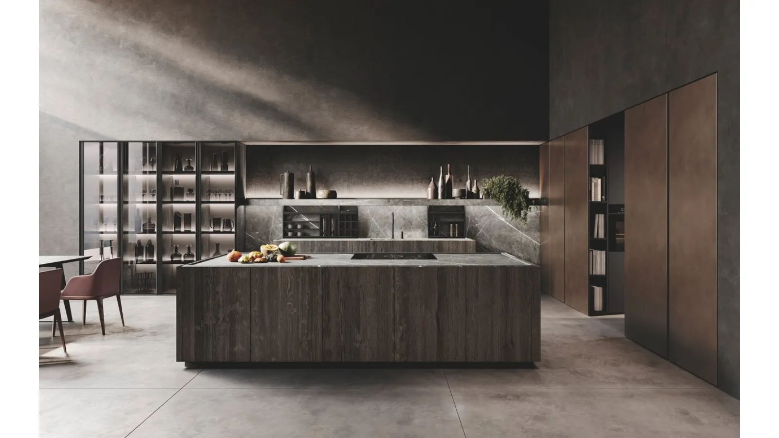 Cucina Design con isola in legno di Abete Nero e gres finitura marble grey e colonne in laccato metal Bluna Metal 4|0 di Binova