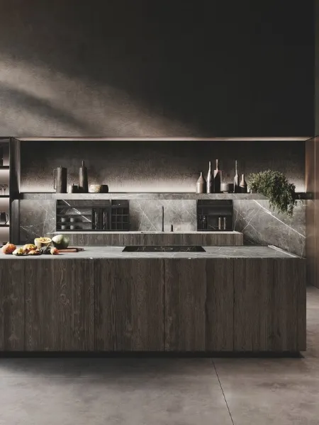 Cucina Design con isola in legno di Abete Nero e gres finitura marble grey e colonne in laccato metal Bluna Metal 4|0 di Binova